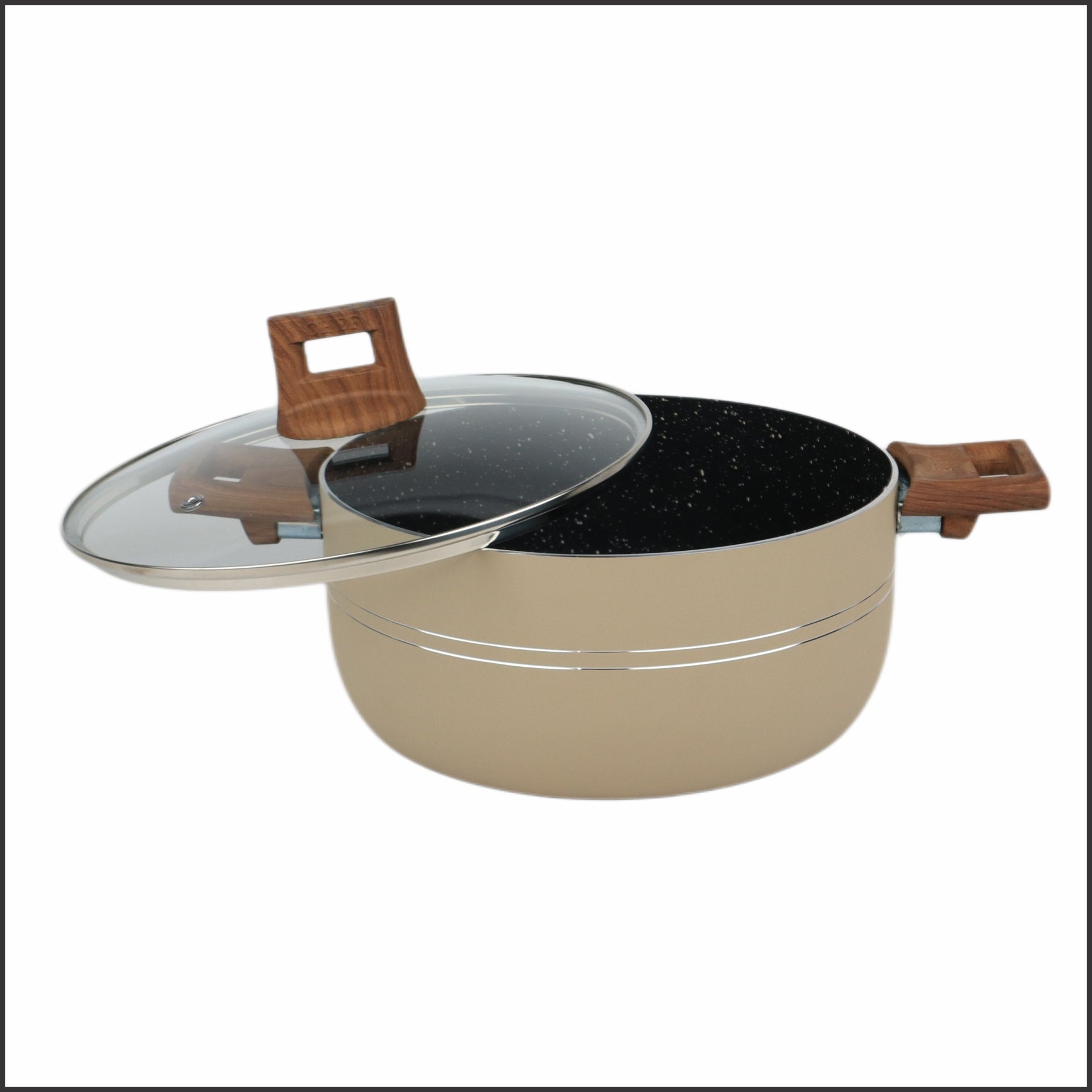 Majestic Chef Nonstick Marble Coating Timber Series 15 Pcs - New Arrival 2025 Round Frying Pan Beige Color Nonstick Casserole Set 