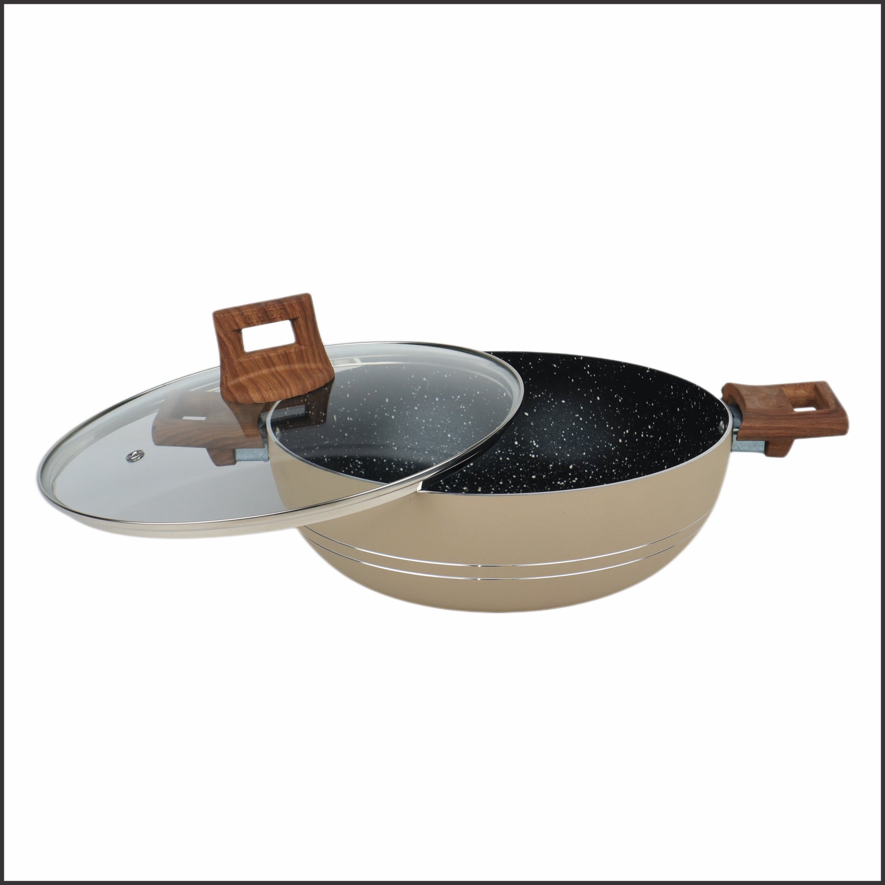Majestic Chef Nonstick Marble Coating Timber Series 15 Pcs - New Arrival 2025 Beige Color Nonstick Wok 