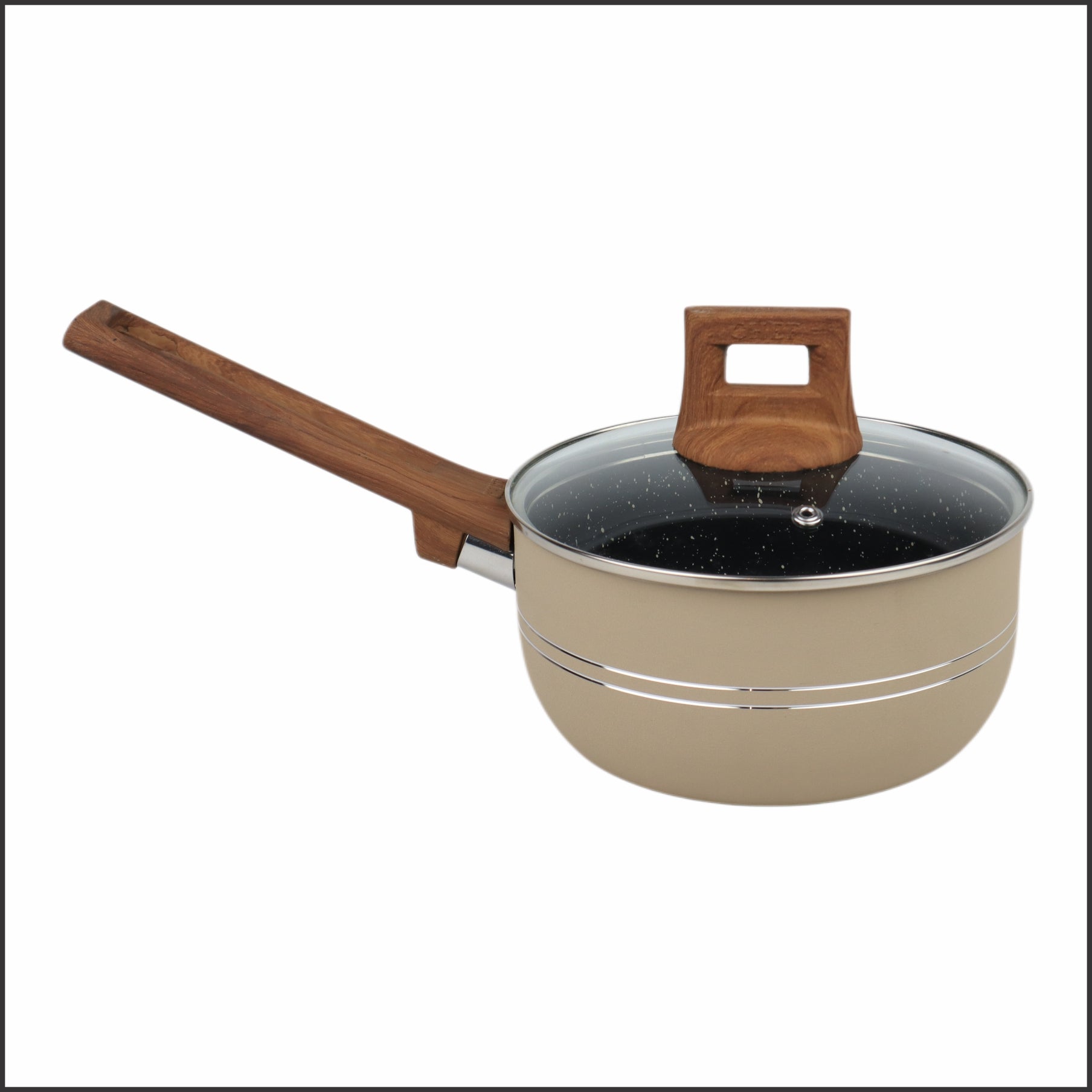 Beige saucepan with wooden handle and lid on a white background

Majestic Chef Nonstick Marble Coating Timber Series 15 Pcs - New Arrival 2025 Wooden Texture handles sauce pan 
