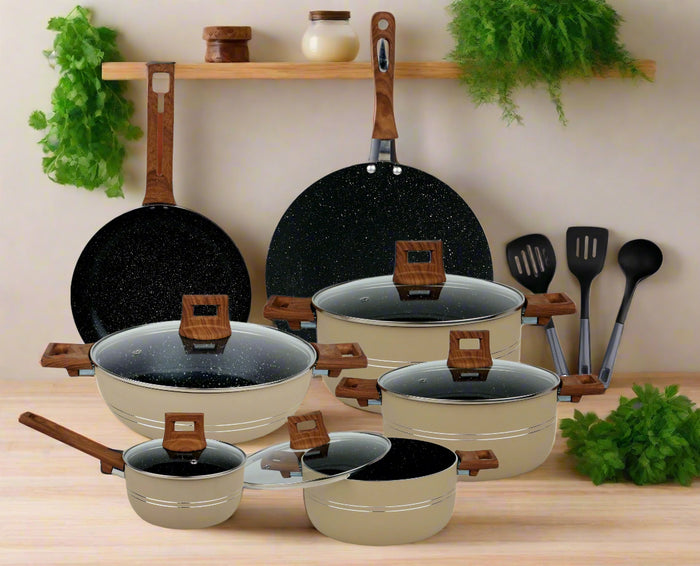 Nonstick Marble Coating Timber Series 15 Pcs - New Arrival 2026 kitchen set