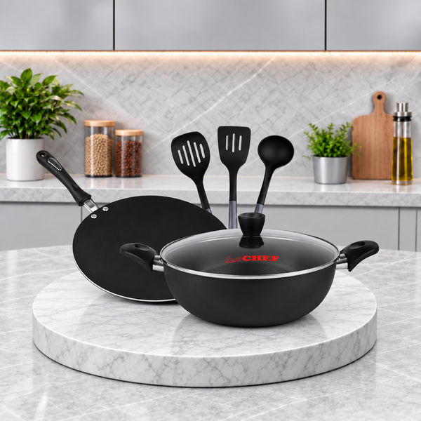 6 Pieces Premium Quality Mini Nonstick Gift Pack Cookware Set - Tawa Wok & Spoons / Trio Series- Deal #16