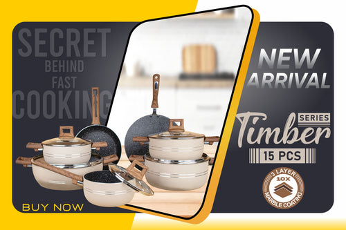 Nonstick Marble Coating Timber Series 15 Pcs - New Arrival 2025 kitchen set