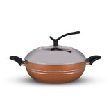 majestic chef nonstick wok karahi with glass lid double side handled wok - cookware cooking pot