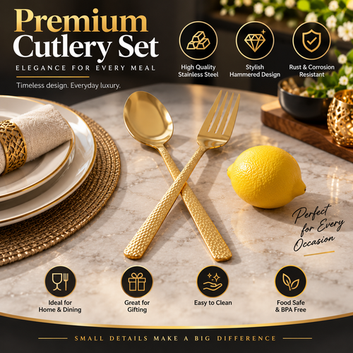 Chef Stainless Steel 28 Pcs PVD Coating Gold Plated Cutlery Set - Elegant Hammar Hover