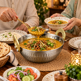 Premium Stainless Steel Serving Handi with Golden Handles – Elegant Hammered Design.