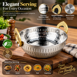 Premium Stainless Steel Serving Handi with Golden Handles – Elegant Hammered Design.