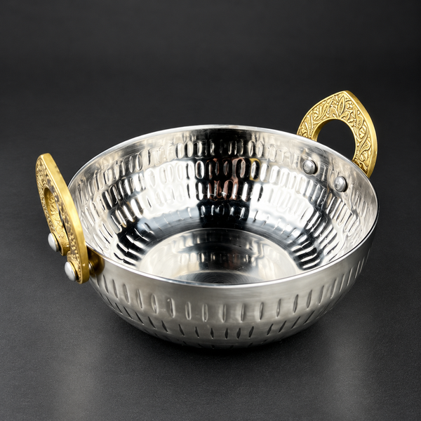 Premium Stainless Steel Serving Handi with Golden Handles – Elegant Hammered Design.