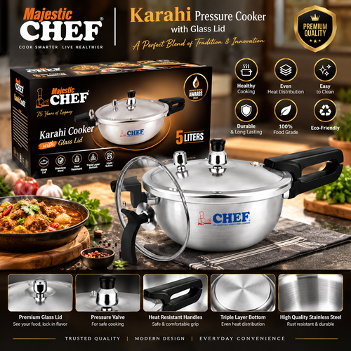 Majestic CHEF Anodized 3 In 1 Pressure Cooker Karahi with Glass Lid Hover