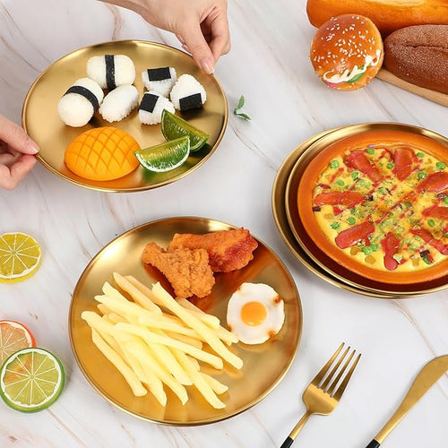 Stainless Steel Gold Plated Serving Tray Metal Platter Reusable Dishwasher Safe Dinner Plates Round Dinner Dishes Decorative Storage Tray - KOREAN Hover
