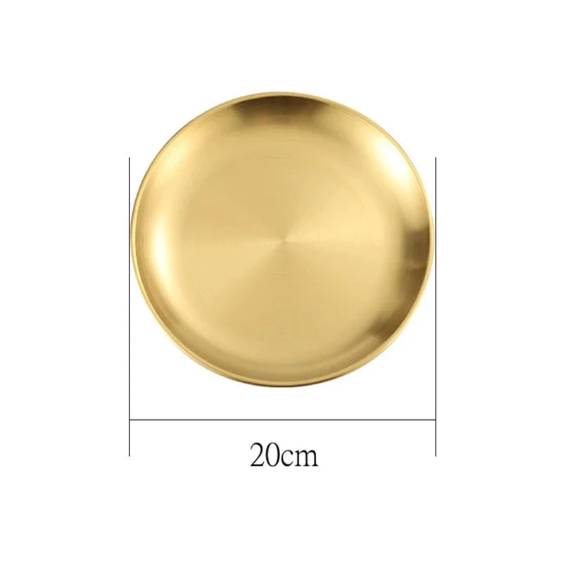 Stainless Steel Gold Plated Serving Tray Metal Platter Reusable Dishwasher Safe Dinner Plates Round Dinner Dishes Decorative Storage Tray - KOREAN