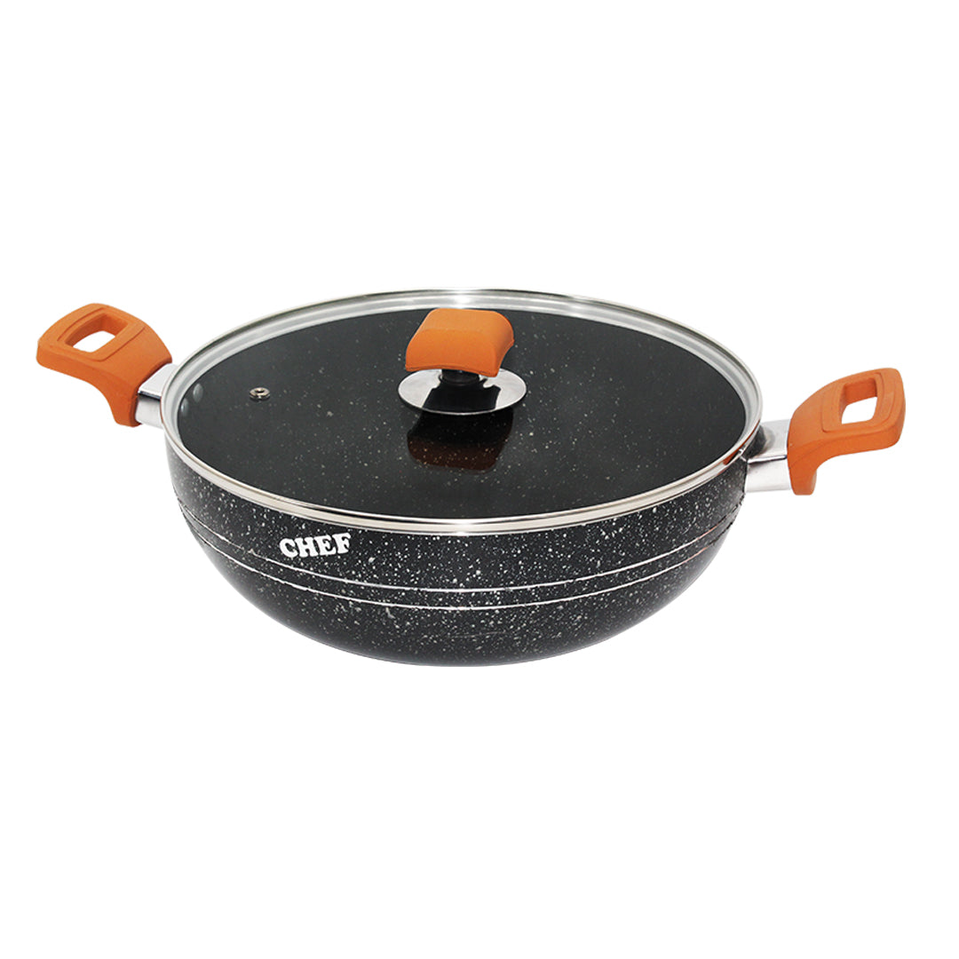 Chef Non-Stick Karahi / Wok With Glass Lid - 28 cm - Black