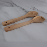 Handmade Chinar Wood Long Handle Cooking Spoons 2 Pcs Kitchen Utensils - 11 Inch