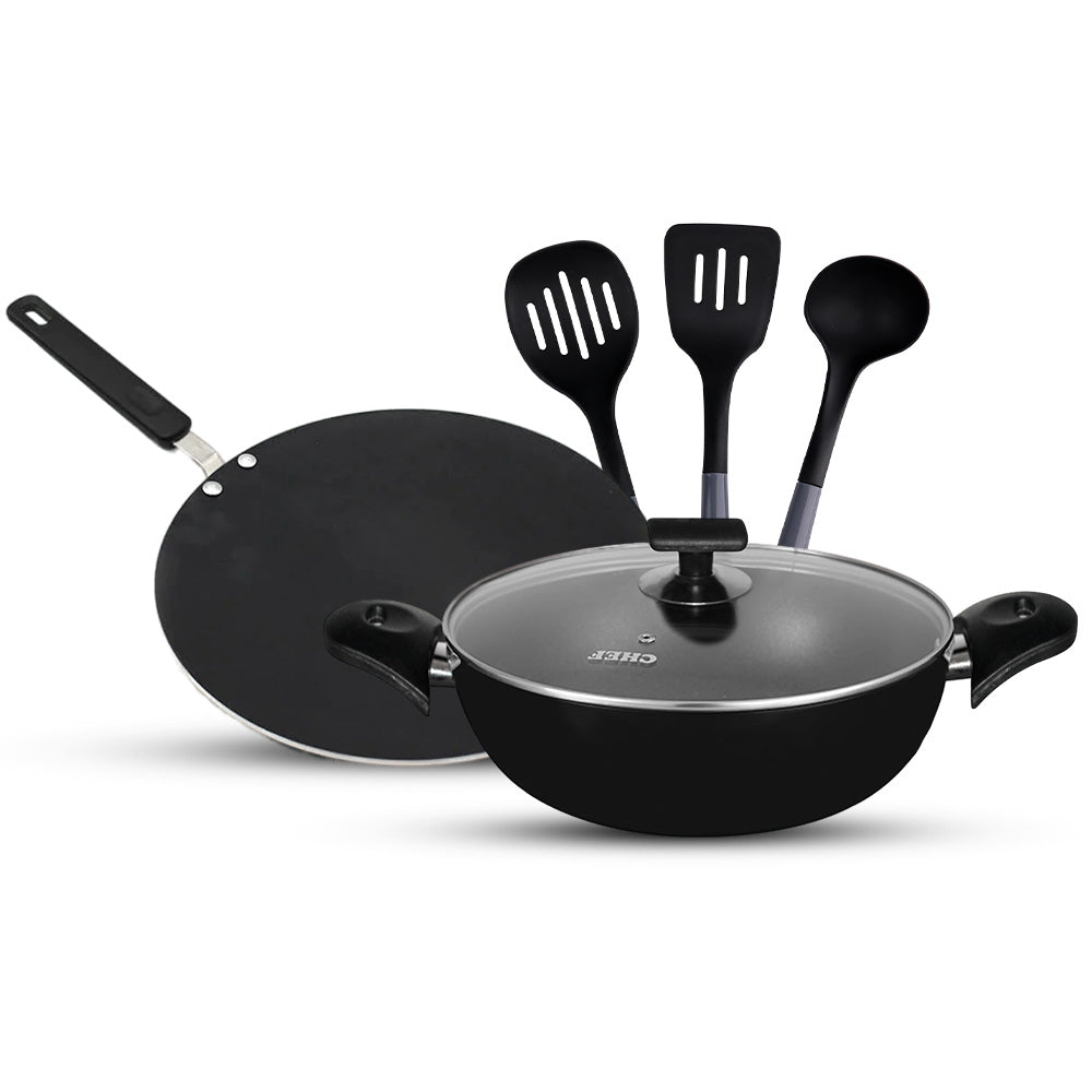 chef  best quality non stick kitchen set best non stick cookware non stick wok karahi spoons for cooking and serving roti maker non stick tawa